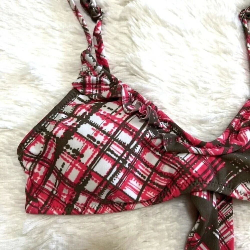 RAISINS Girl's Ruffle Swim Bikini Top Size M Plaid Pink,‎ Brown, White